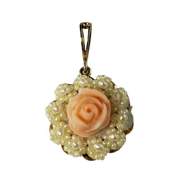 Vintage 14 Karat Yellow Gold Carved Rose and Seed Pearl Pendant #13785